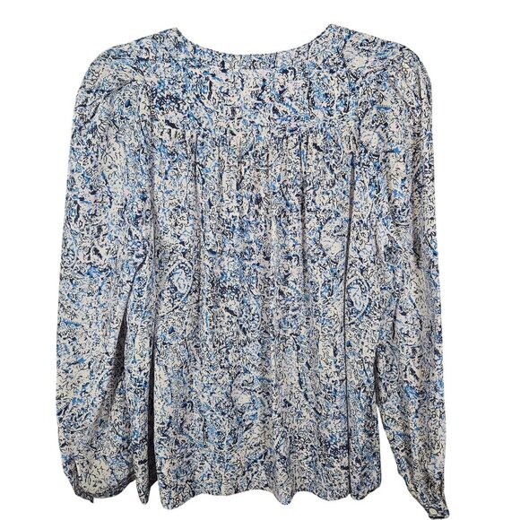 Rebecca Taylor Silk Blue Black Long Sleeve Blouse 6 Office Boho Chic Resortwear - Picture 3 of 12